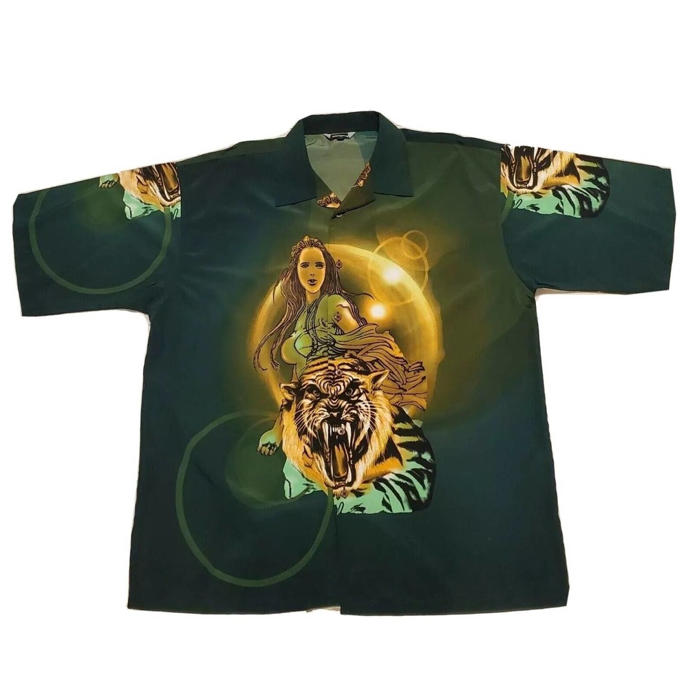 BigND Vtg‎ Tiger Princess Sexy Wild AOP Big Print Graphic Button T Shirt 2XL XXL